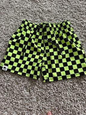 Kids Neon Green & Black Check Swim Trunks